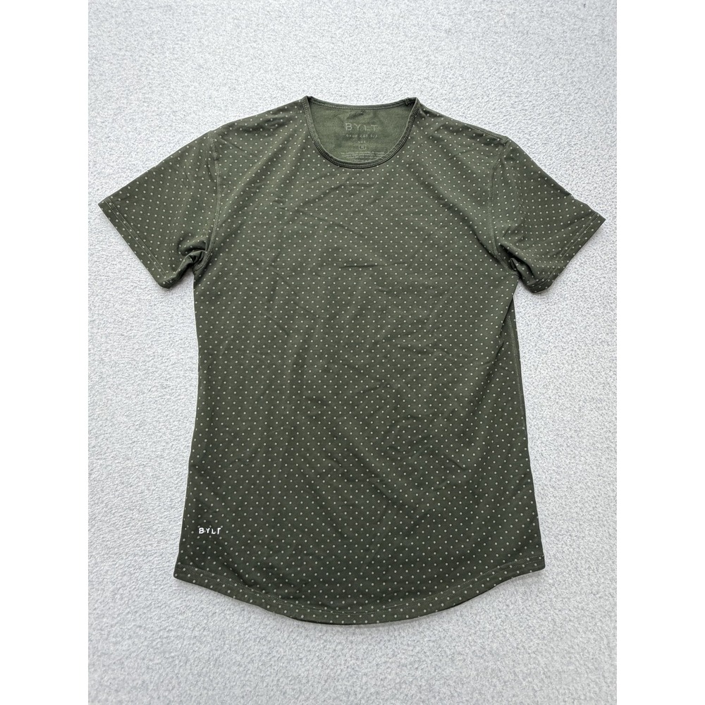 BYLT Shirt Mens Medium Green Drop-Cut S/S Lux Polka Dot Curved Hem Soft Tee